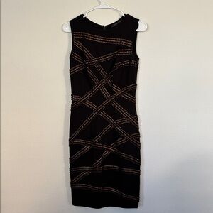 Tadashi Shoji Black and Copper Metallic Crisscross Ribbon Dress Classic Chic